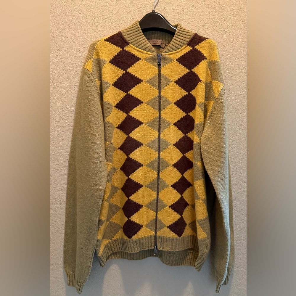 Men's Argyle Zip-Up Sweater - Yellow and Brown.